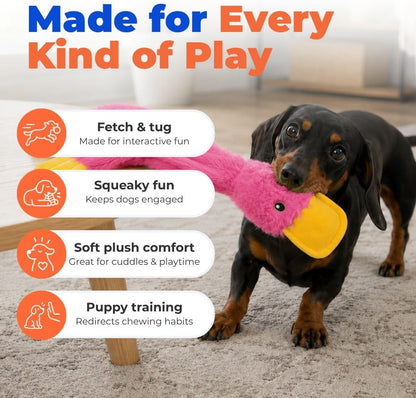 Furvoro PinkyCrinkle Duck Dog Toy, Stuffing Free Squeaky Plush Toy for Small, Medium and Large Dogs, Interactive Crinkle Toy for Play and Fetch